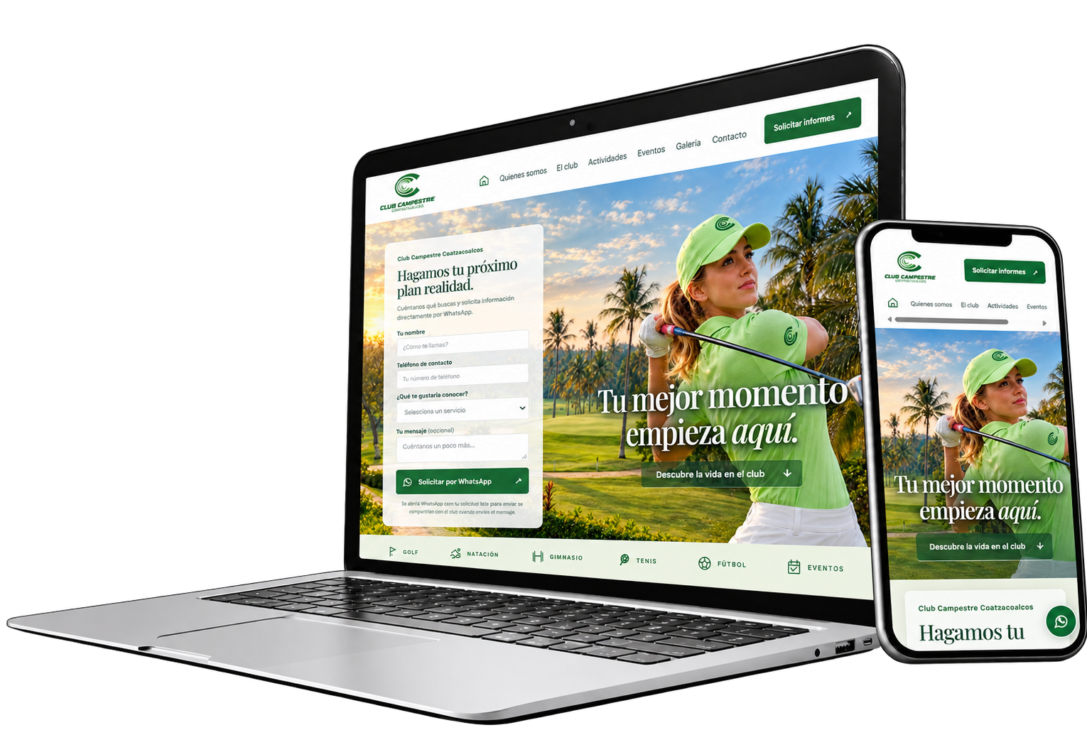 Sitio web de Club Campestre en computadora y celular
